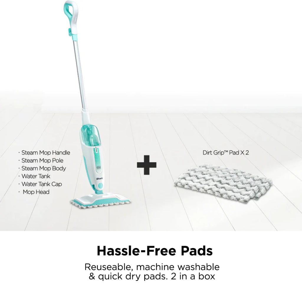 Shark S1000 Steam Mop 375ml, Floor cleaning mop with 2 Dirt Grip Pads, Lightweight, Safe for all Sealed Hard Floors like Tile, Hardwood, Stone, Laminate, Vinyl & More, Machine Washable Pads, Removable Water Tank, White/Seafoam