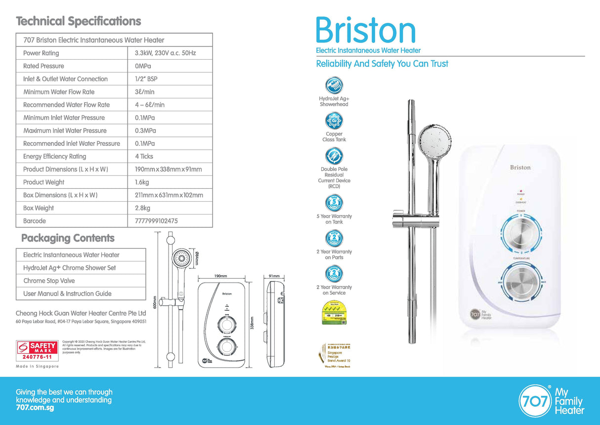 707 Briston Electric Instant Water Heater 3.3kW