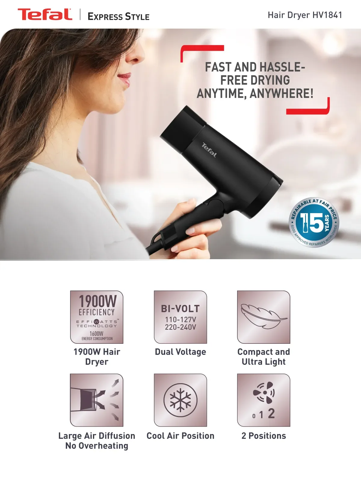 Tefal HV1841 Express Style Hair Dryer Dual Voltage – 110V, 220V, 1900W, Ultra Light, Moving Air Nozzle, 2 Speeds