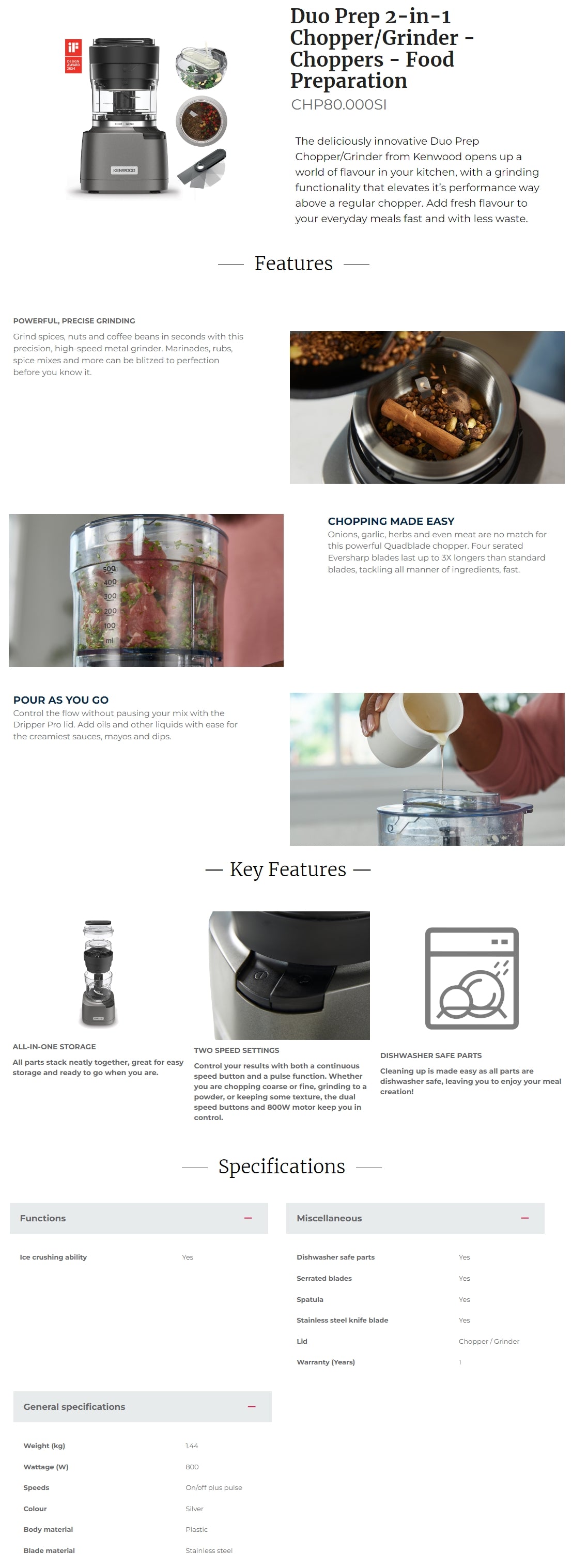 Kenwood CHP80.000SI Duo Prep 2-in-1 Chopper/Grinder 800W