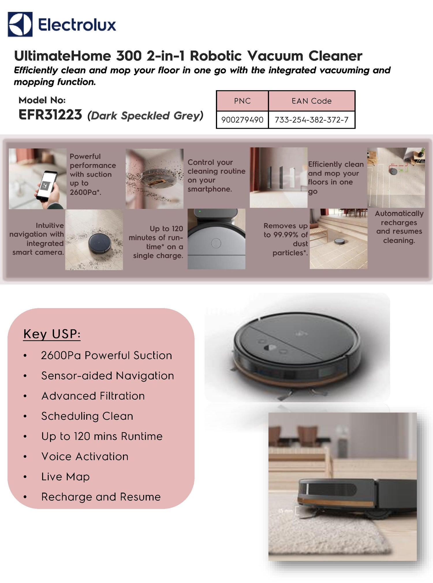 Electrolux EFR31223 UltimateHome 300 2-in-1 Robotic Vacuum and Mop Cleaner