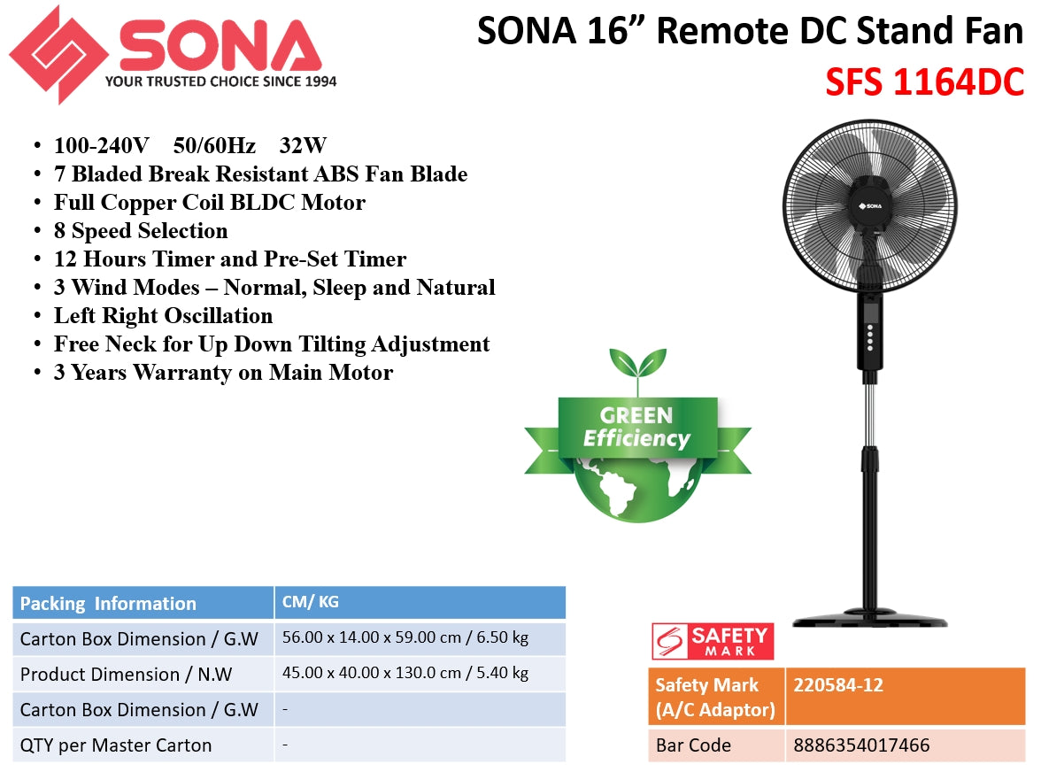 Sona SFS 1164DC | SFS1164DC Remote DC Stand Fan 16 Inch