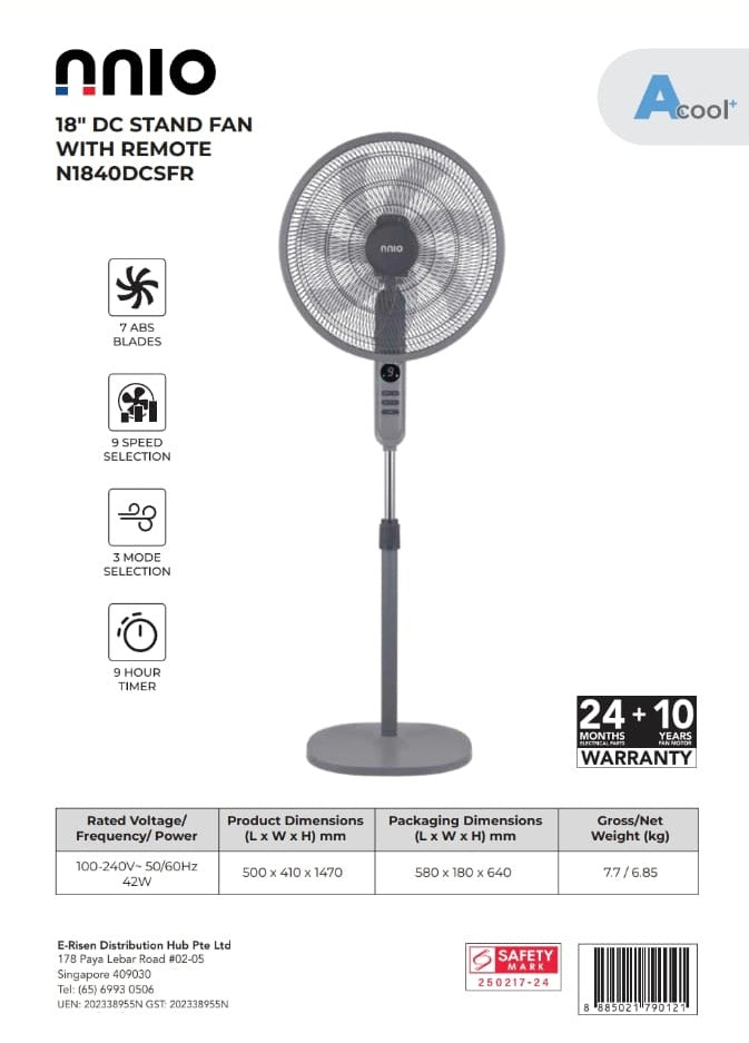 NNIO N1840DCSFR Remote DC Stand Fan 18 Inch