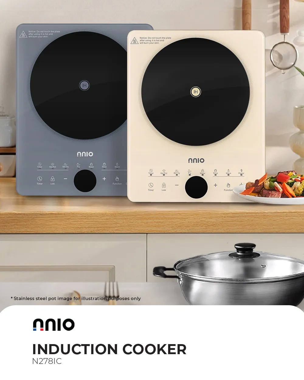 NNIO N278IC Induction Cooker with Free Stainless Steel Pot 2000W - 2 Colors Available