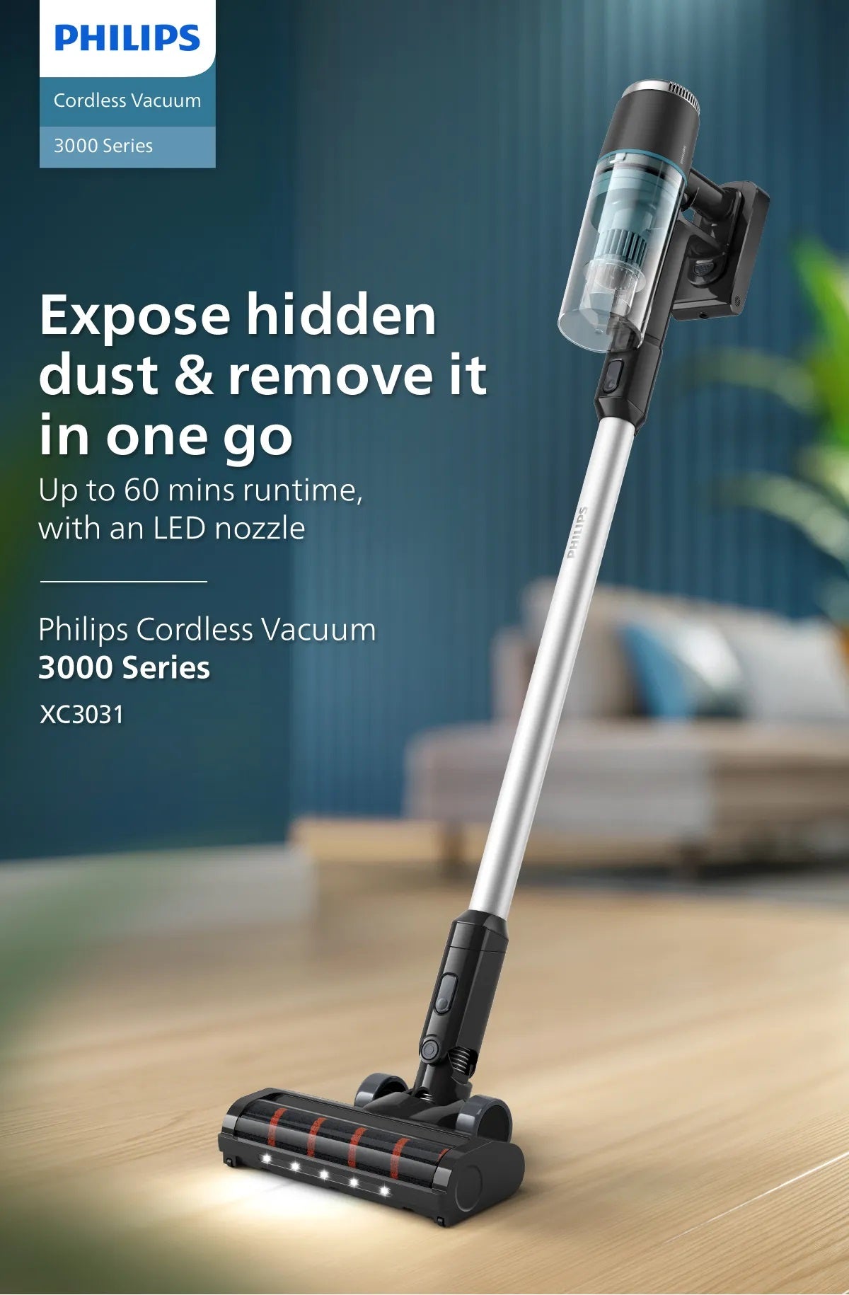 Philips XC3031/61 Cordless Vacuum 3000 Series – Lightweight 1.5kg, LED Nozzle, 3 Layer Filtration, Digital Motor