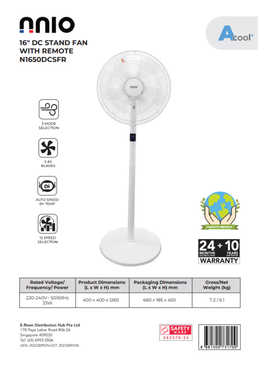 NNIO N1650DCSFR DC Stand Fan With Remote 16 Inch