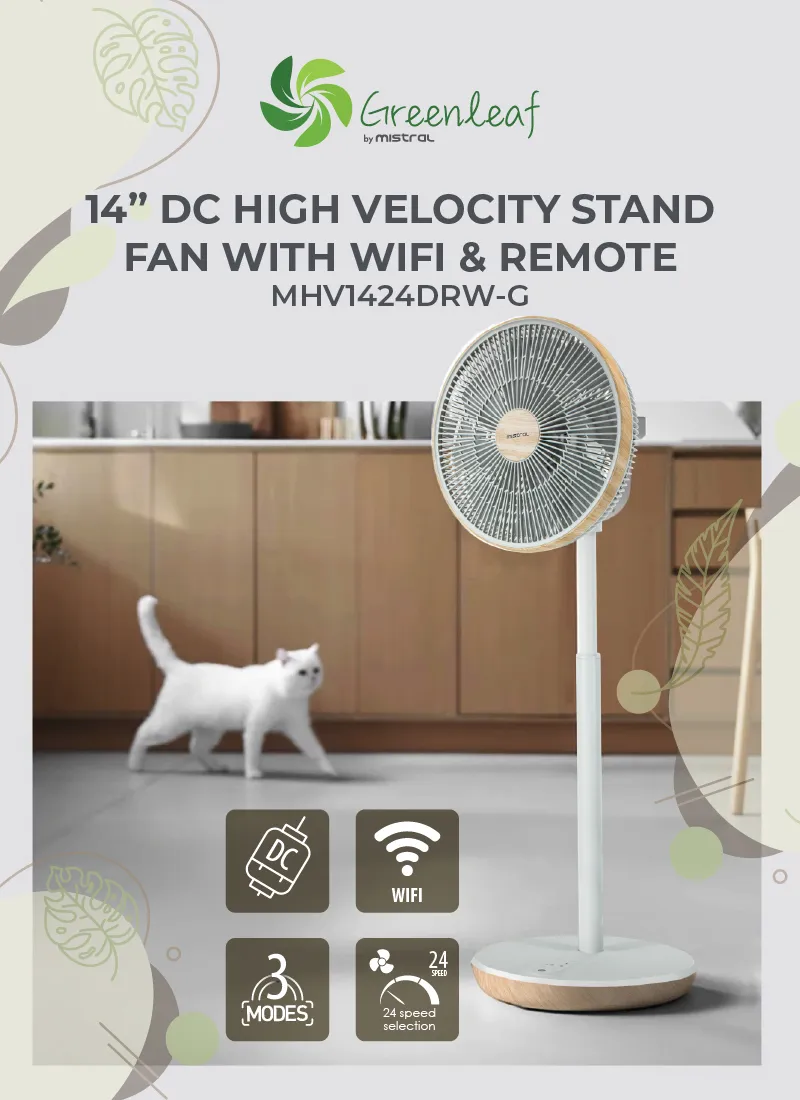 Mistral MHV1424DRW-G DC High Velocity Stand Fan with WIFI & Remote 14 Inch