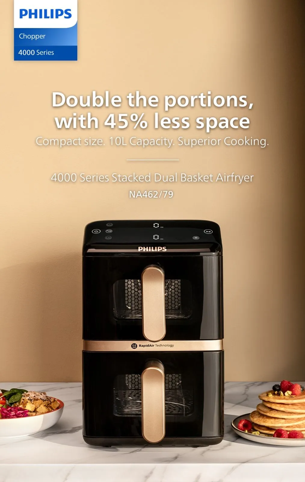 Philips NA462/79 Airfryer 4000 Series Stacked Dual Basket Airfryer | Vertical RapidAir | Cooking Windows | 10L (5 + 5L)