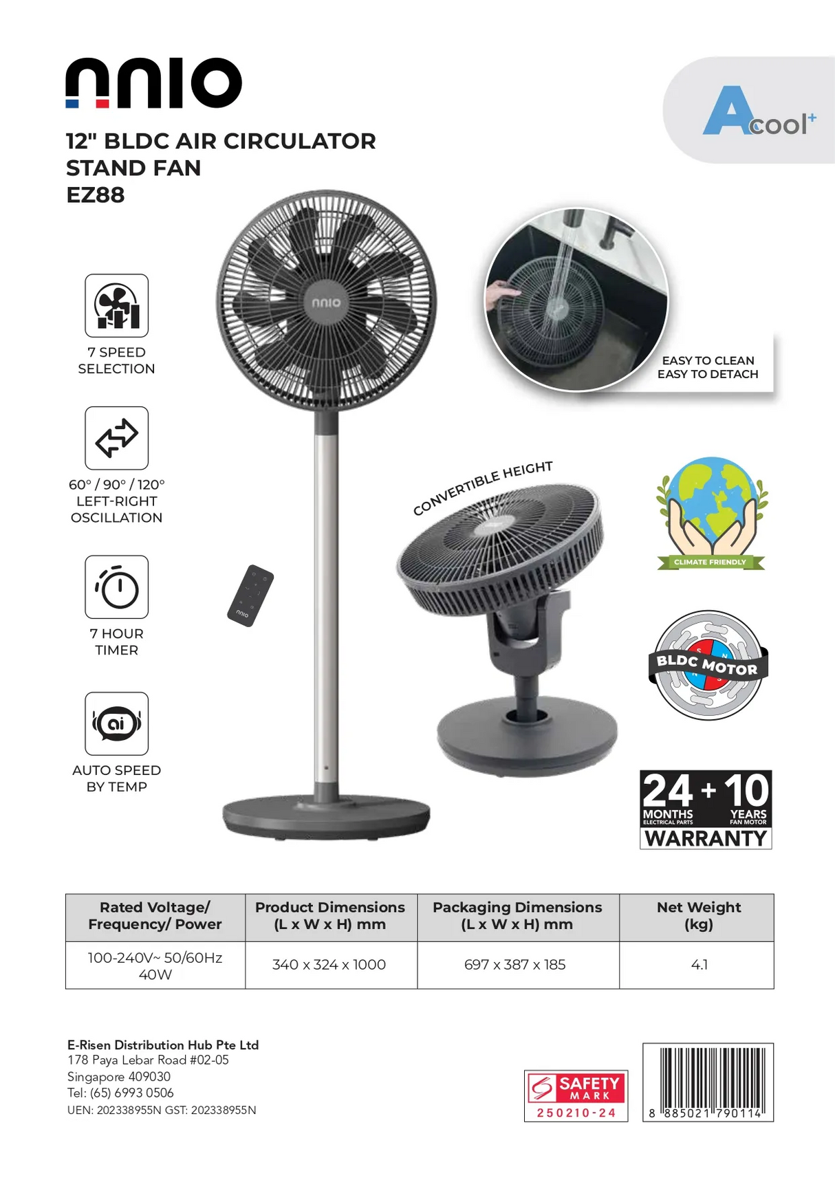 NNIO EZ88 Remote BLDC Air Circulator Stand Fan 12 Inch