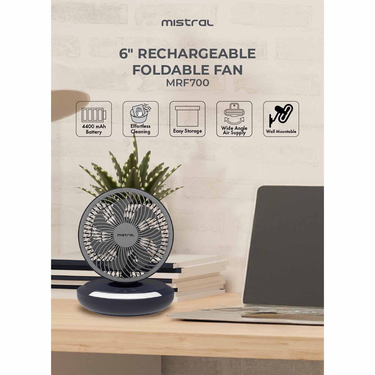 Mistral MRF700 AirZee Plus Rechargeable Foldable USB Fan with Moodlight 6 Inch