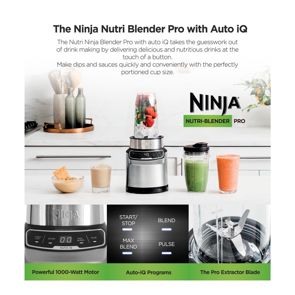 Ninja BN500 Nutri Blender Pro, Auto-iQ & Pro Extractor Blade , 3 On the Go cups, 1000W motor Crush Ice, Smoothie maker