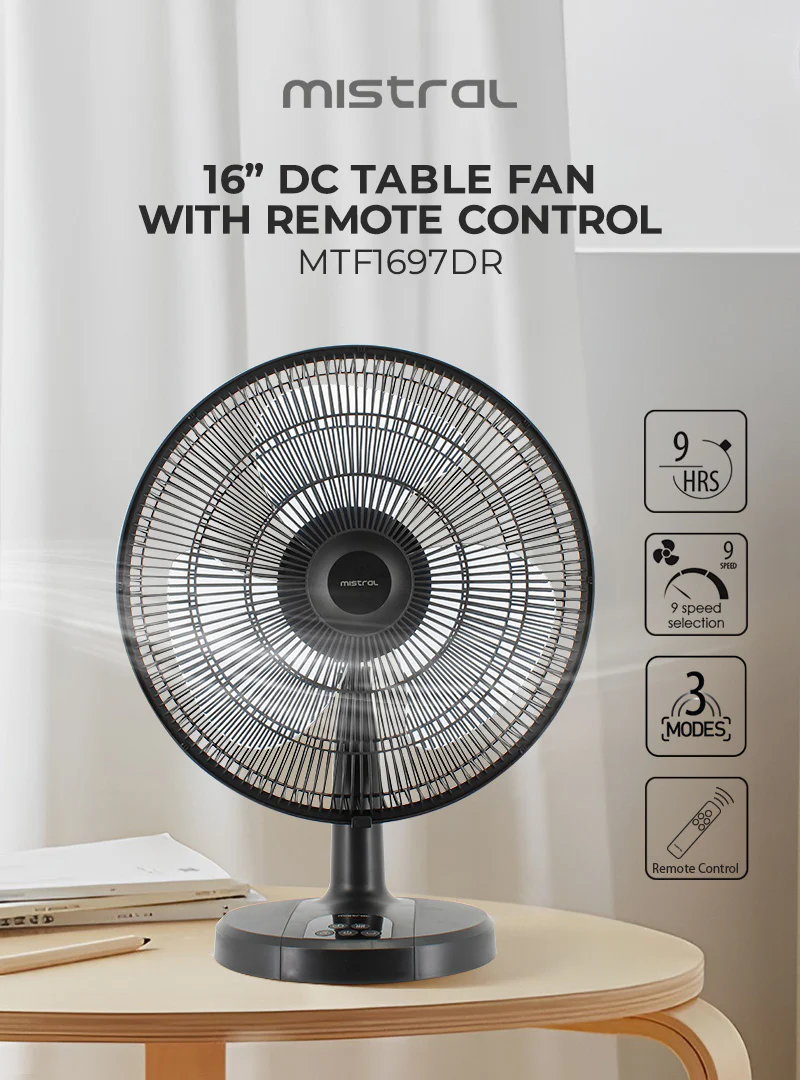 Mistral MTF1697DR Matt Black Gen 1 DC Table Fan with Remote 16 Inch
