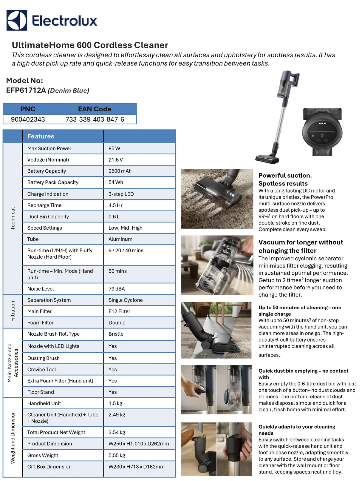 Electrolux EFP61712A UltimateHome 600 Cordless Stick Vacuum Cleaner