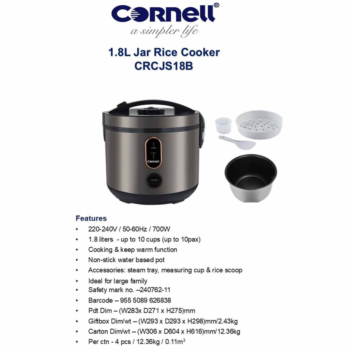 Cornell CRCJS18B Jar Rice Cooker 1.8L