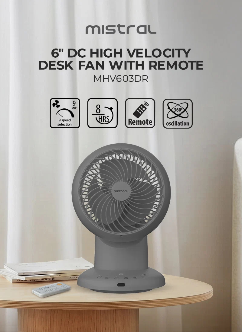 Mistral MHV603DR DC High Velocity Desk Fan With Remote 6 Inch