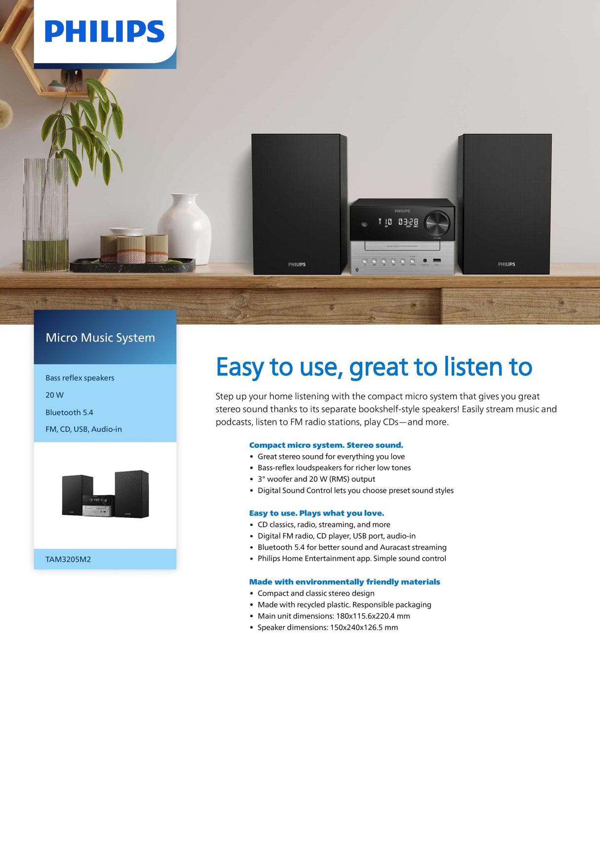 Philips TAM3205 | TAM3205M2/12 Micro Music System Bluetooth® CD, USB, FM, Audio In 20W
