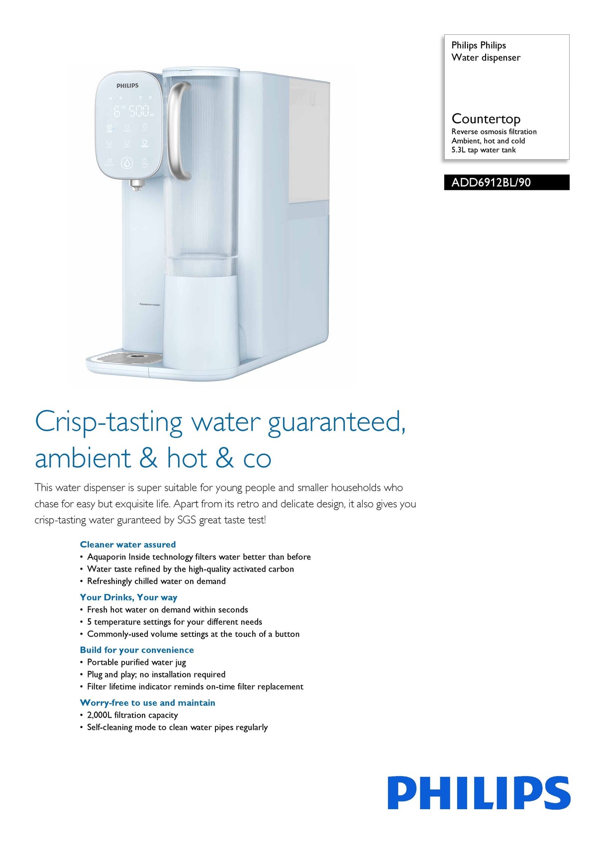 Philips ADD6912 BL/90 | ADD6912BL everse Omosis Purification RO Water Station, Hot + Cold Water Dispenser (No Installation) - Tap water tank: 5.3L capacity