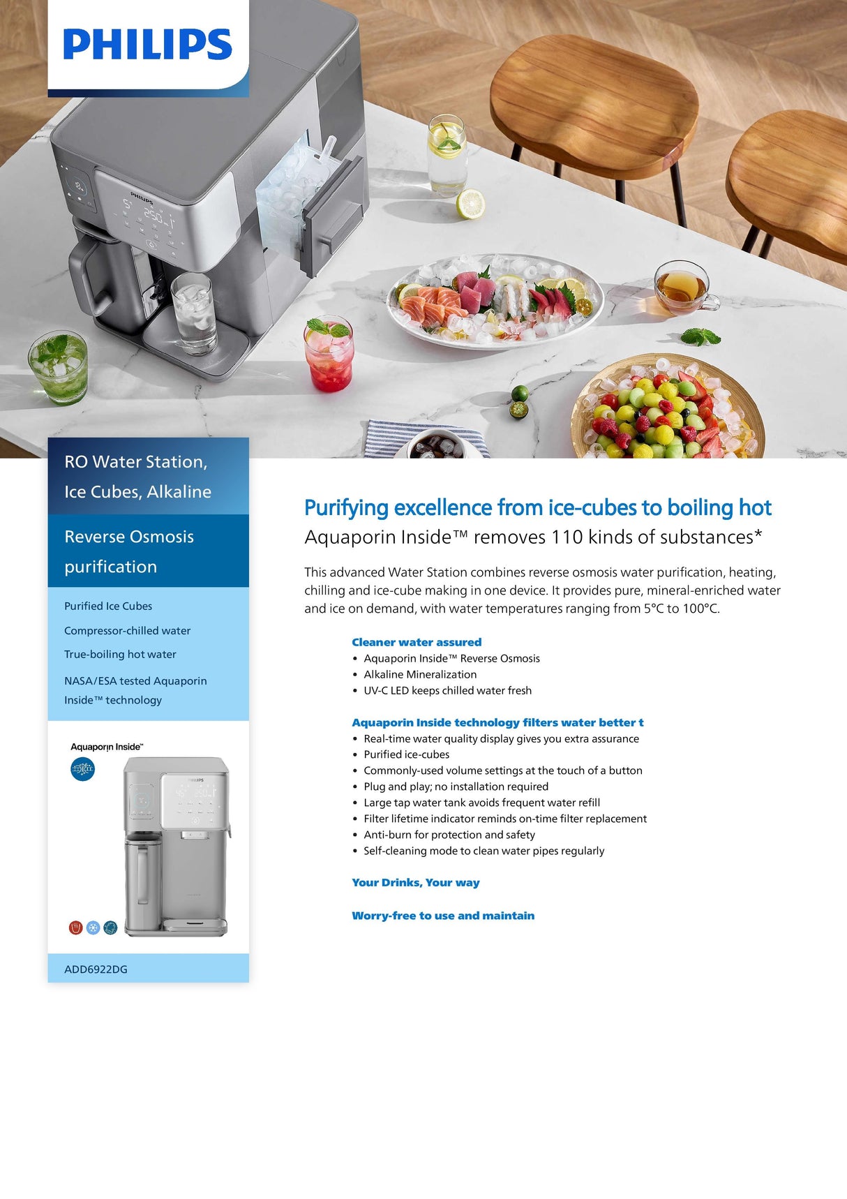 Philips ADD6922DG/90 | ADD6922 Hot and Cold Water Dispenser - RO Water Station, Purified Ice Cubes, Alkaline , Compressor-chilled water, True-boiling hot water, NASA/ESA tested Aquaporin Inside™ technology