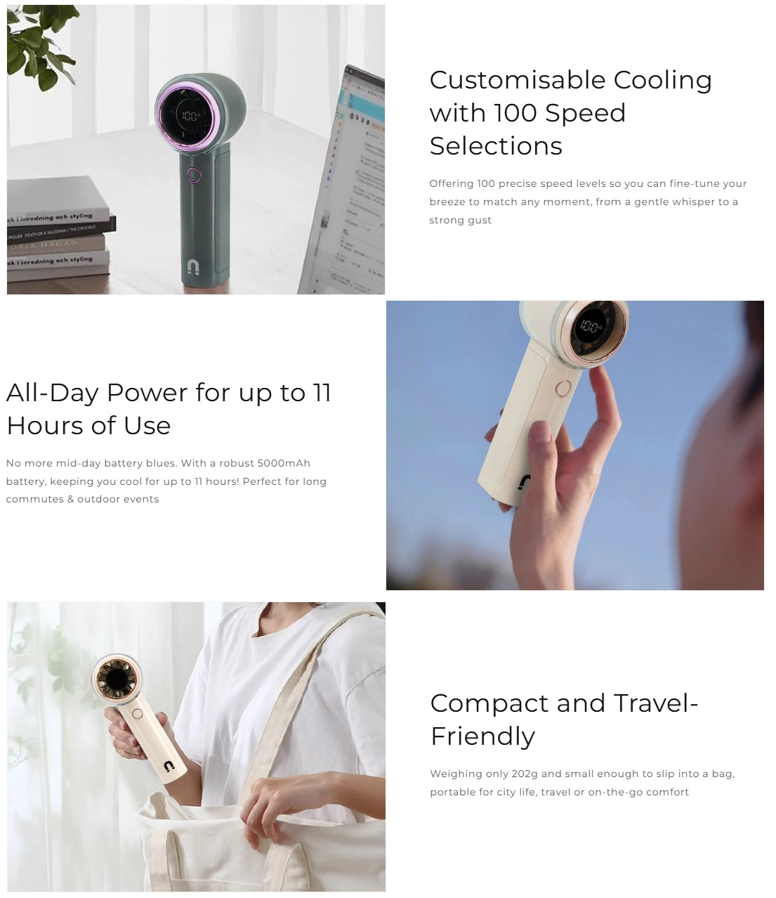 NNIO U-5 High Speed Portable Handheld Fan 6W with LED Diplay, Plastic Blade, 100 Speeds - 2 Colors Options Available