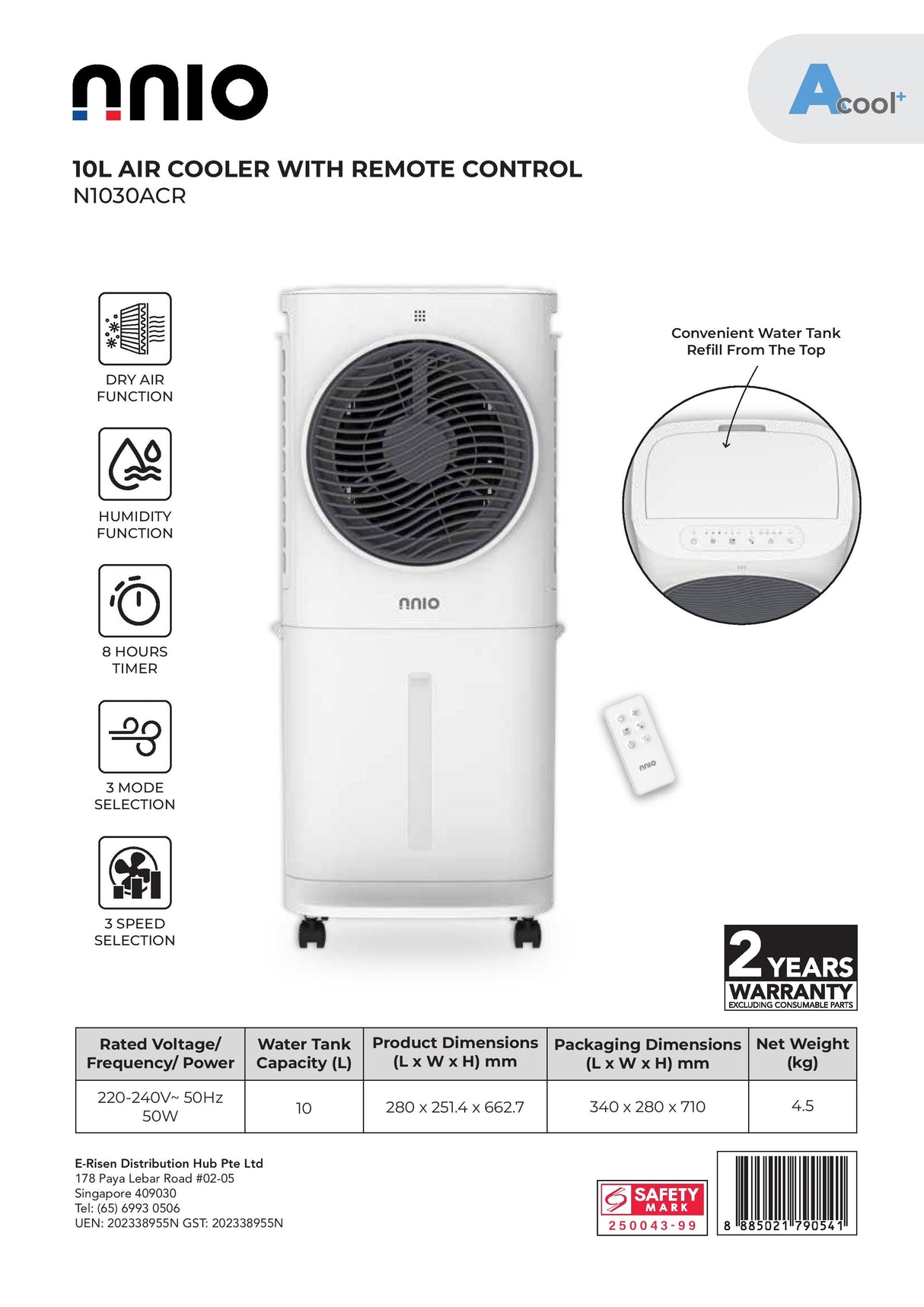 NNIO N1030ACR Air Cooler with Remote Control 10L