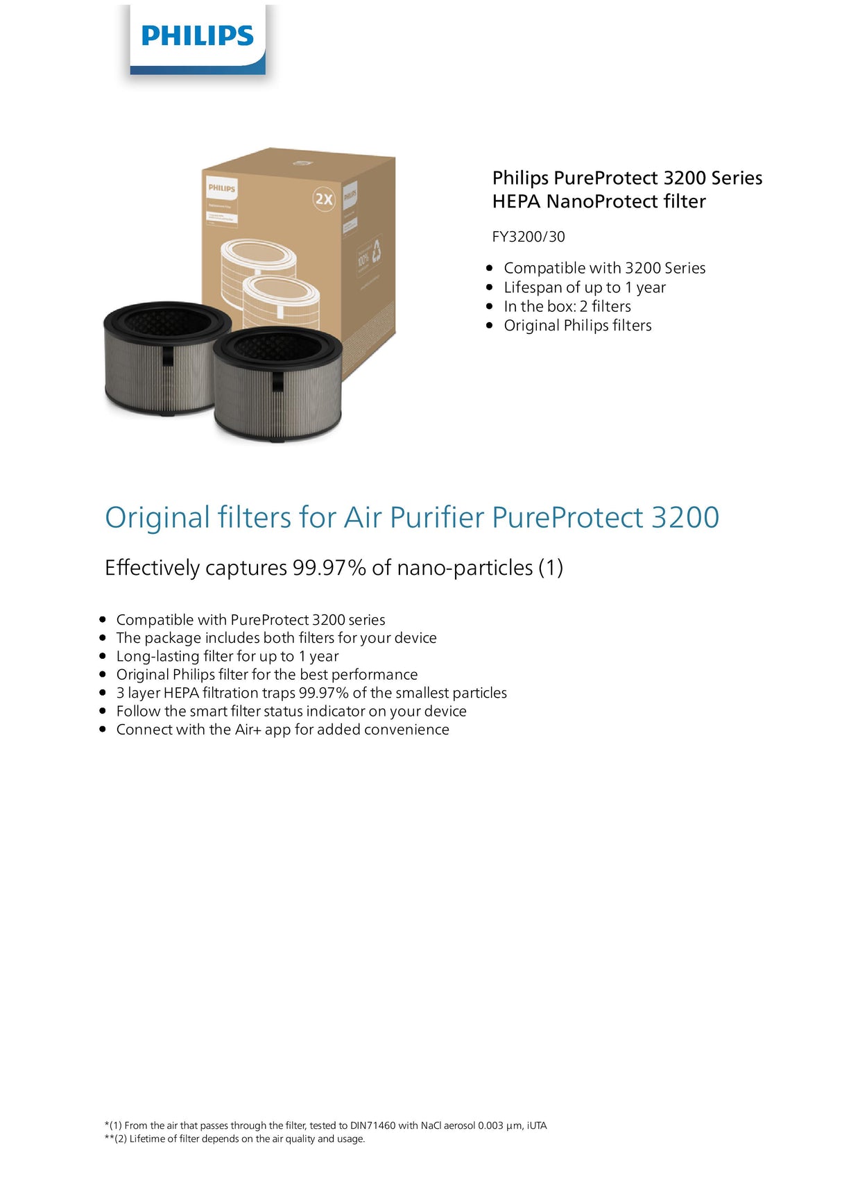 Philips FY3200/30 PureProtect 3200 Series HEPA NanoProtect Filter - Suitable For Air Purifier Model AC3210, AC3220, AC3221