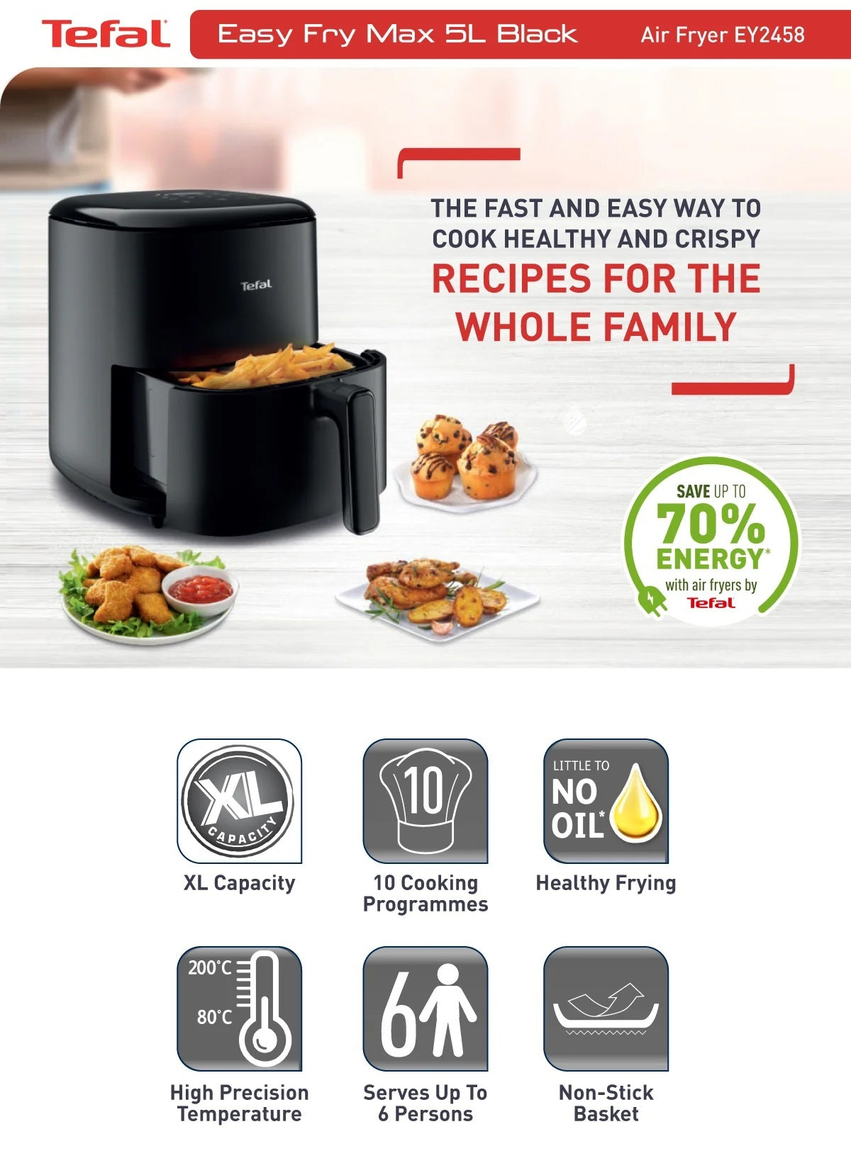 Tefal EY2458 Easy Fry Max Digital Air Fryer 5L - 10 programs, non-stick dishwasher safe basket, 70% Energy Saving
