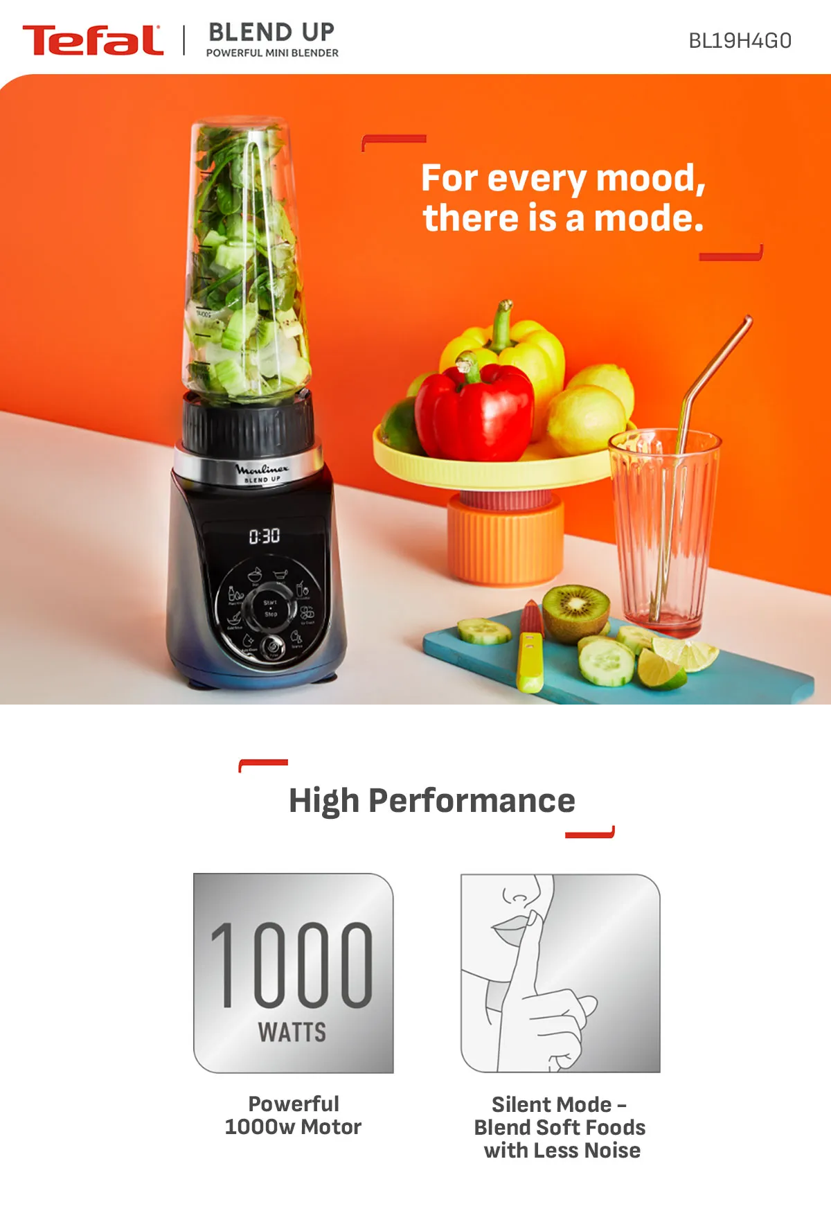 Tefal BL19H4 BlendUp Personal Blender – Removable blades, 2 dishwasher safe BPA-free Tritan jars, 1000W, 8 auto programs