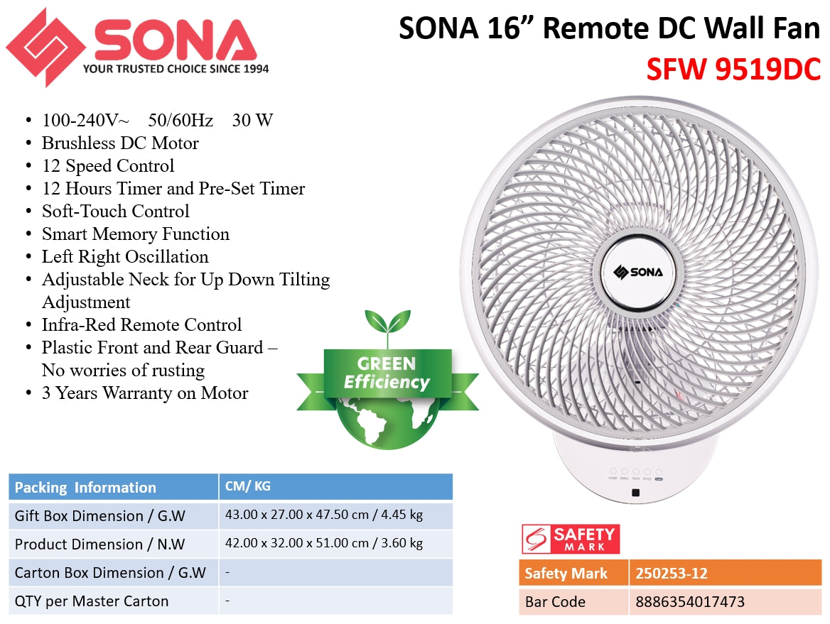 Sona SFW 9519DC Remote DC Wall Fan 16 Inch