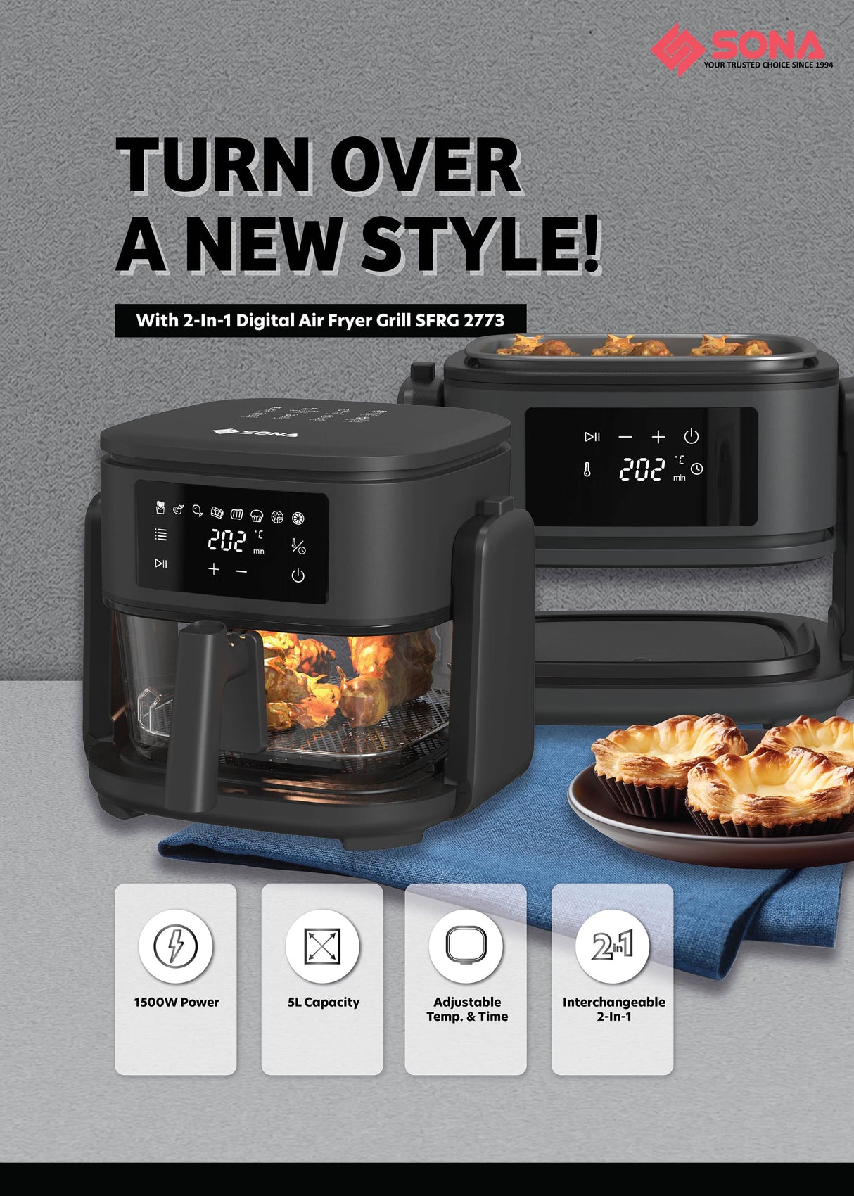 Sona SFRG 2773 | SFRG2773 2-in-1 Digital Air Fryer Grill - 5L Capacity (Air Fryer)