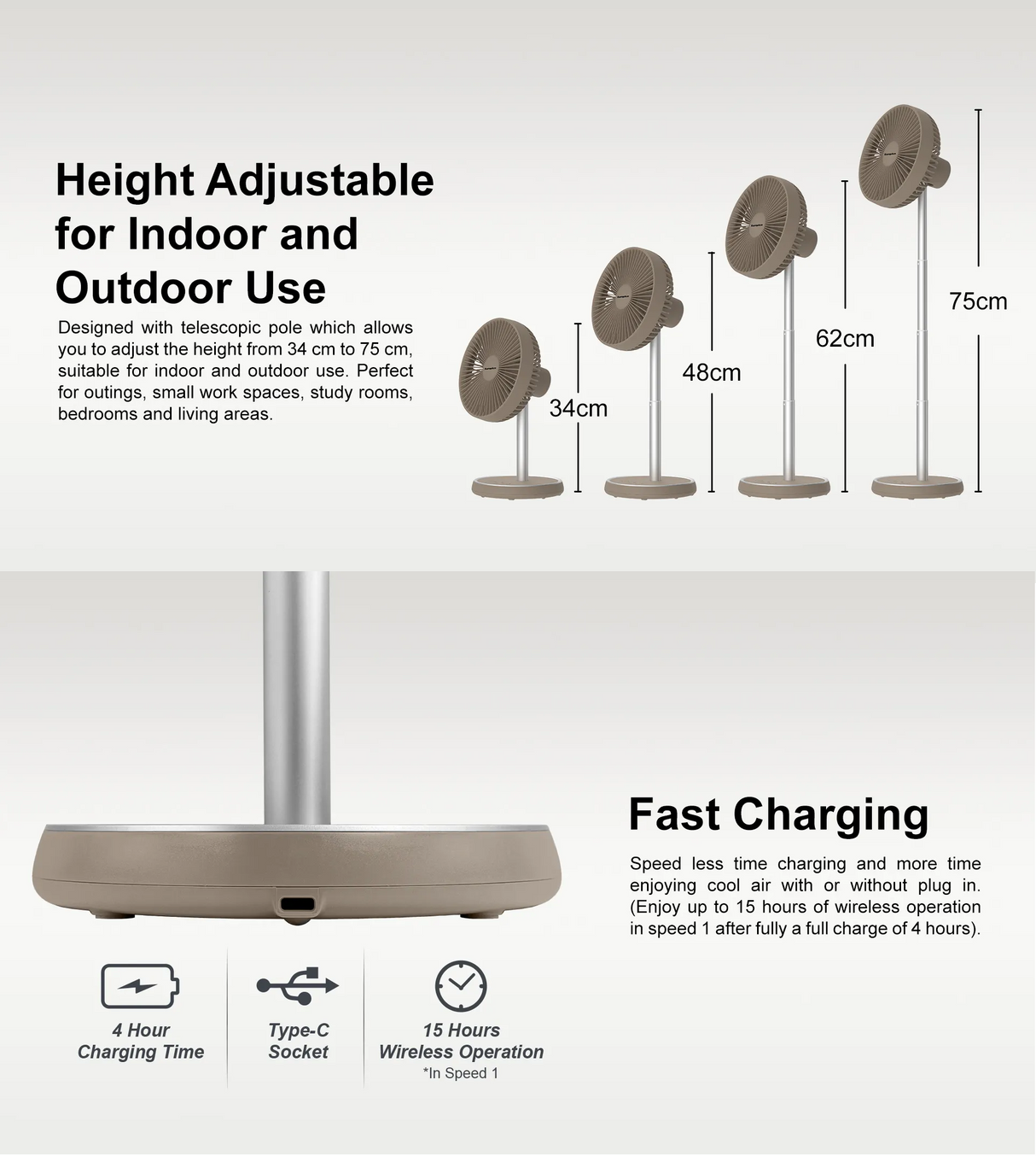 Europace EUF3753D | EUF3753DBR | EUF3753DGY Rechargeable DC Fan with Adjustable Height 7 Inch