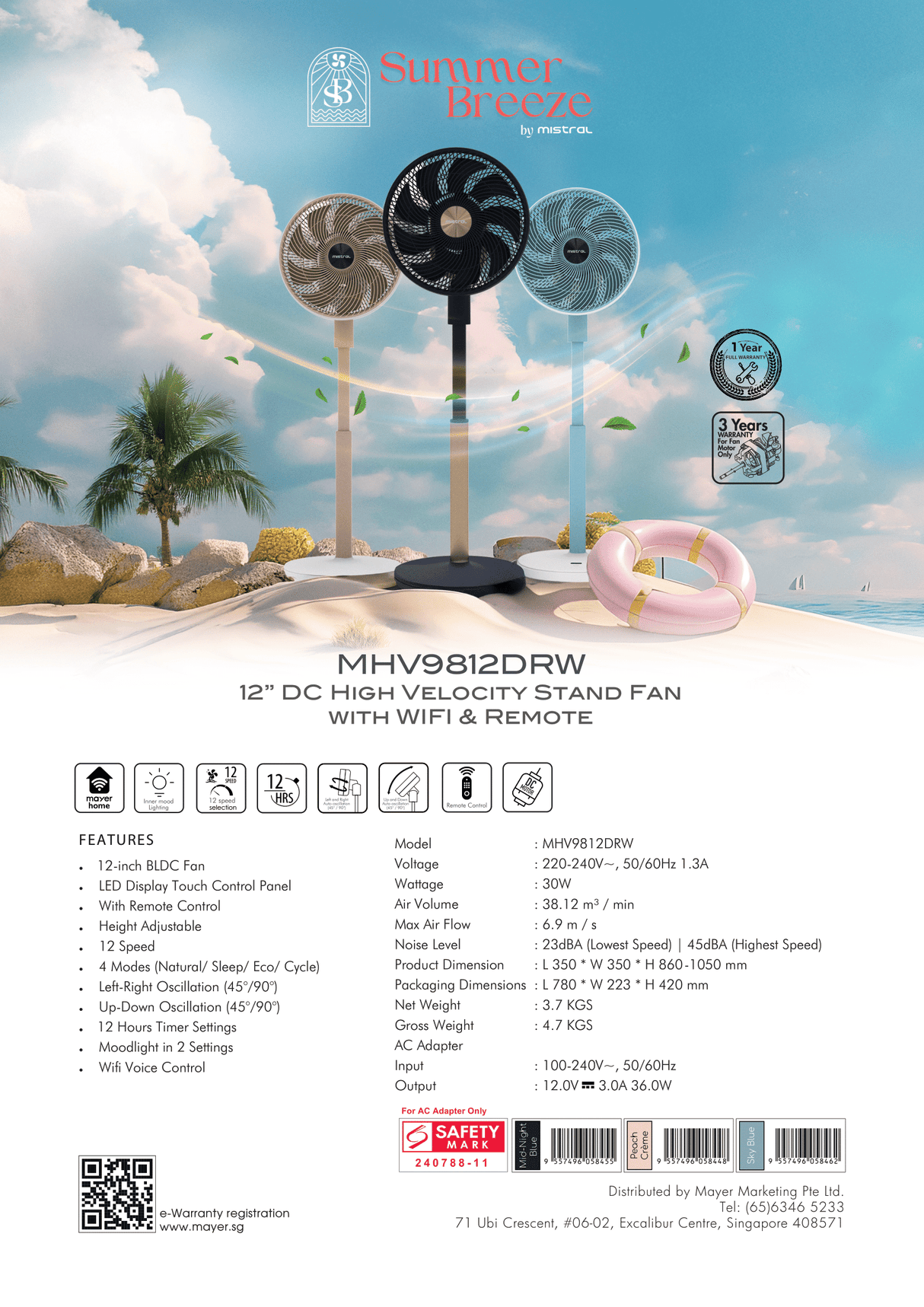 Mistral MHV9812DRW DC High Velocity Stand Fan with WIFI & Remote 12 Inch