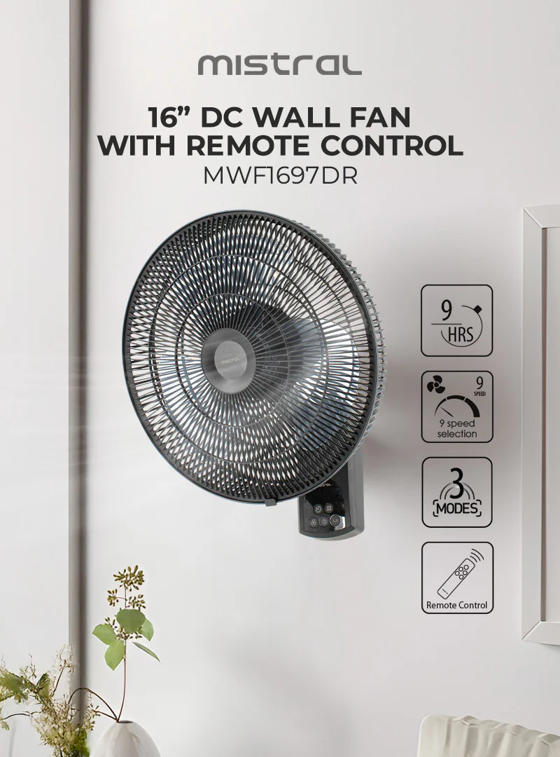 Mistral MWF1697DR Matt Black Gen 1 DC Wall Fan with Remote 16 Inch