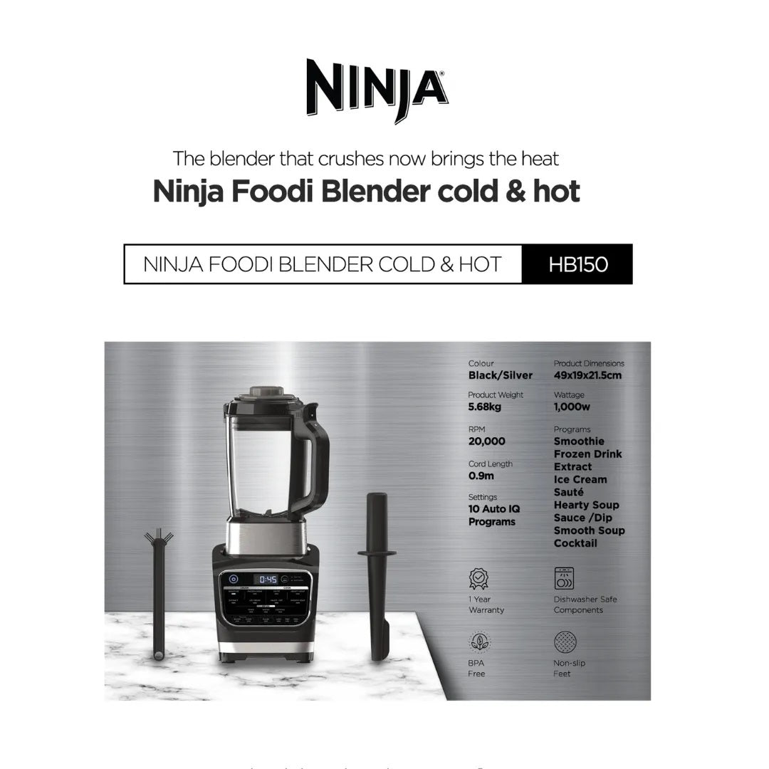 Ninja HB150 Foodi Blender & Soup Maker, 10 Auto-iQ Programs, 1.7L Glass Jug, Hot & Cold Blender, Cleaning Program 1000W