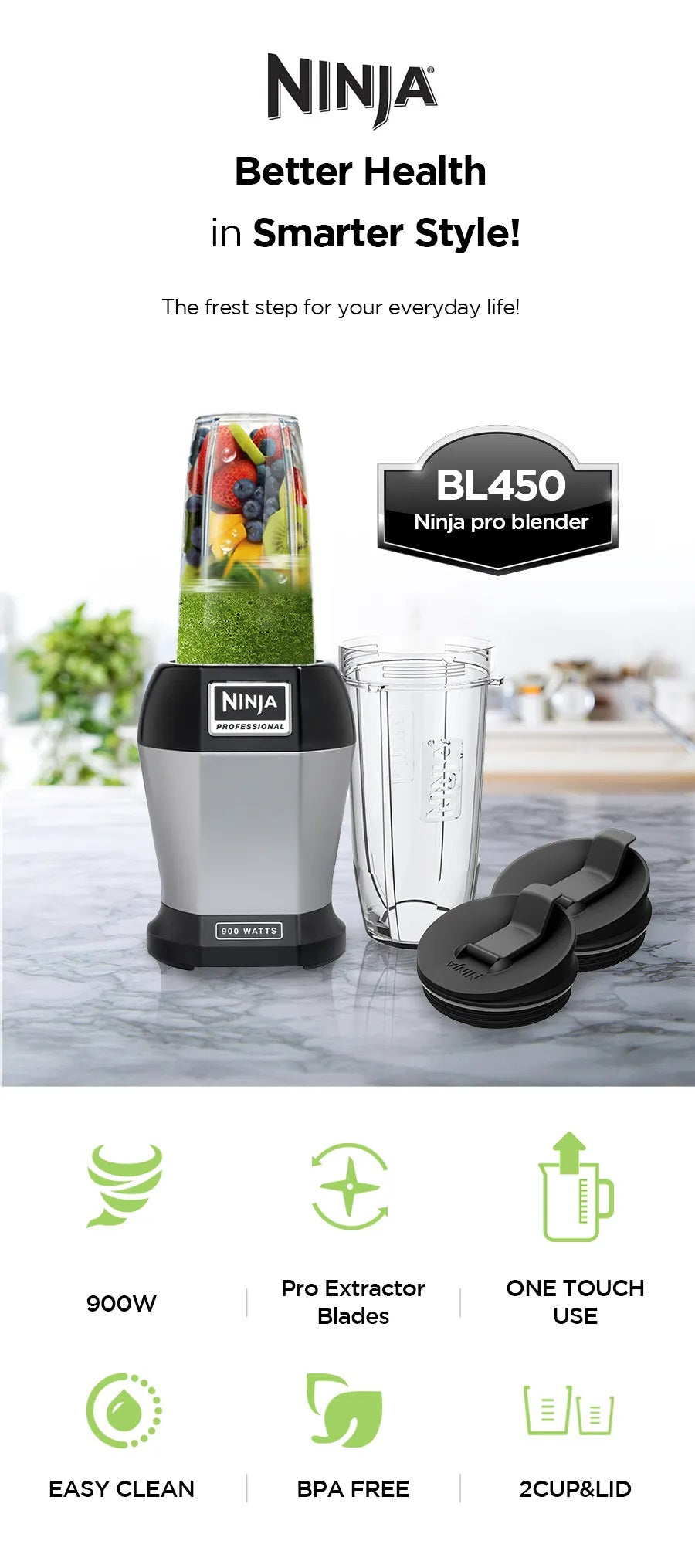 Ninja BL450 Personal Blender,Pro-Extractor Blades,2 On the Go Cups,500ml & 600ml,BPA Free,Recipe Book & powerful 900W