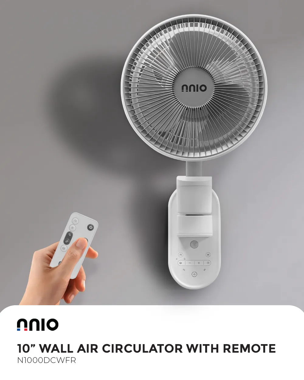 NNIO N1000DCWFR Remote DC Wall Air Circulator Fan 10 Inch