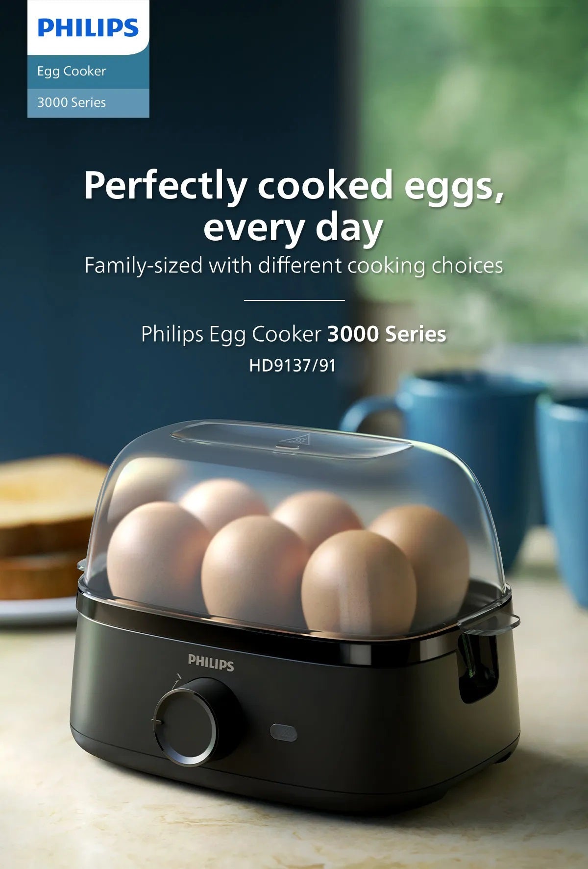Philips HD9137/91 Electric Egg Cooker 3000 Series , 400W, Poached, Soft, Medium, Hard Boil, 6 Eggs Capacity, Egg Piercer Accessories