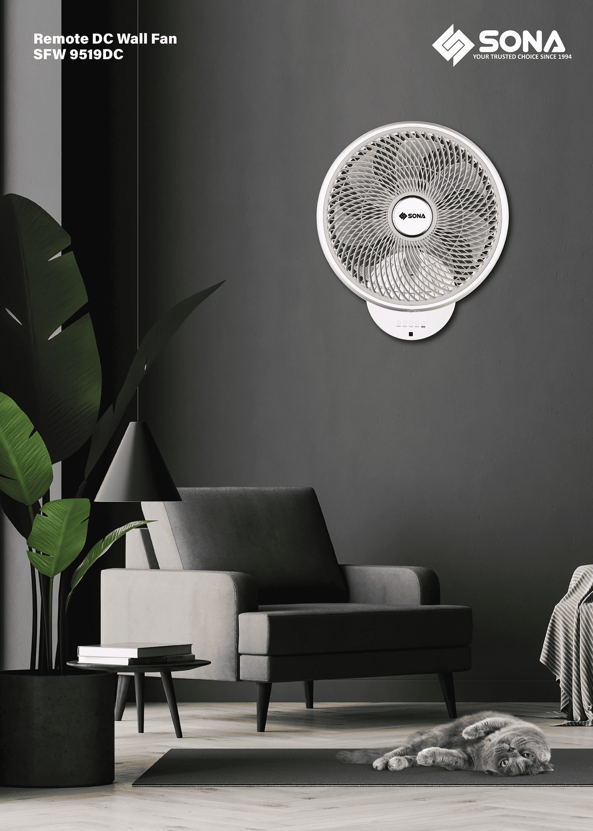Sona SFW 9519DC Remote DC Wall Fan 16 Inch