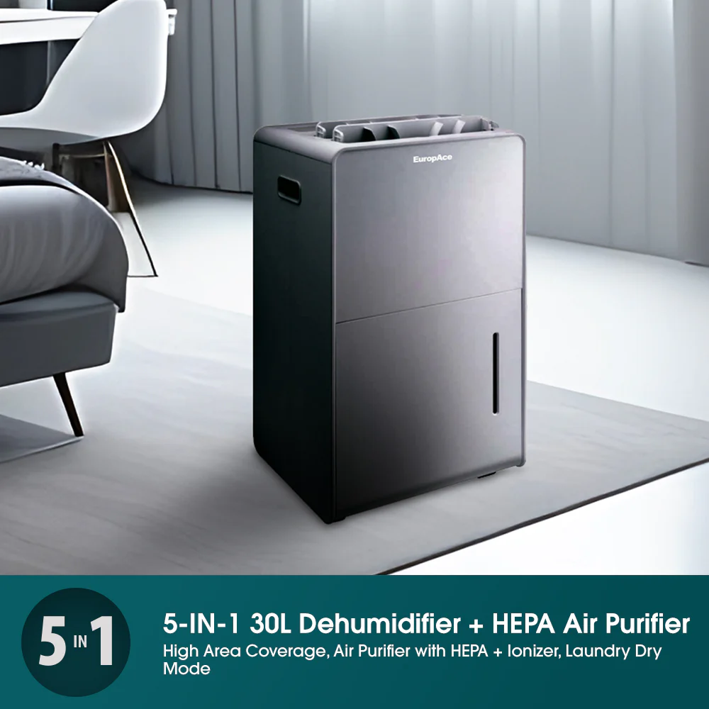 Europace EDH6300DGY Dehumidifier + Standalone Air Purifier + Laundry Dryer + Odour Remover + Ioniser (5-in-1) - 30L