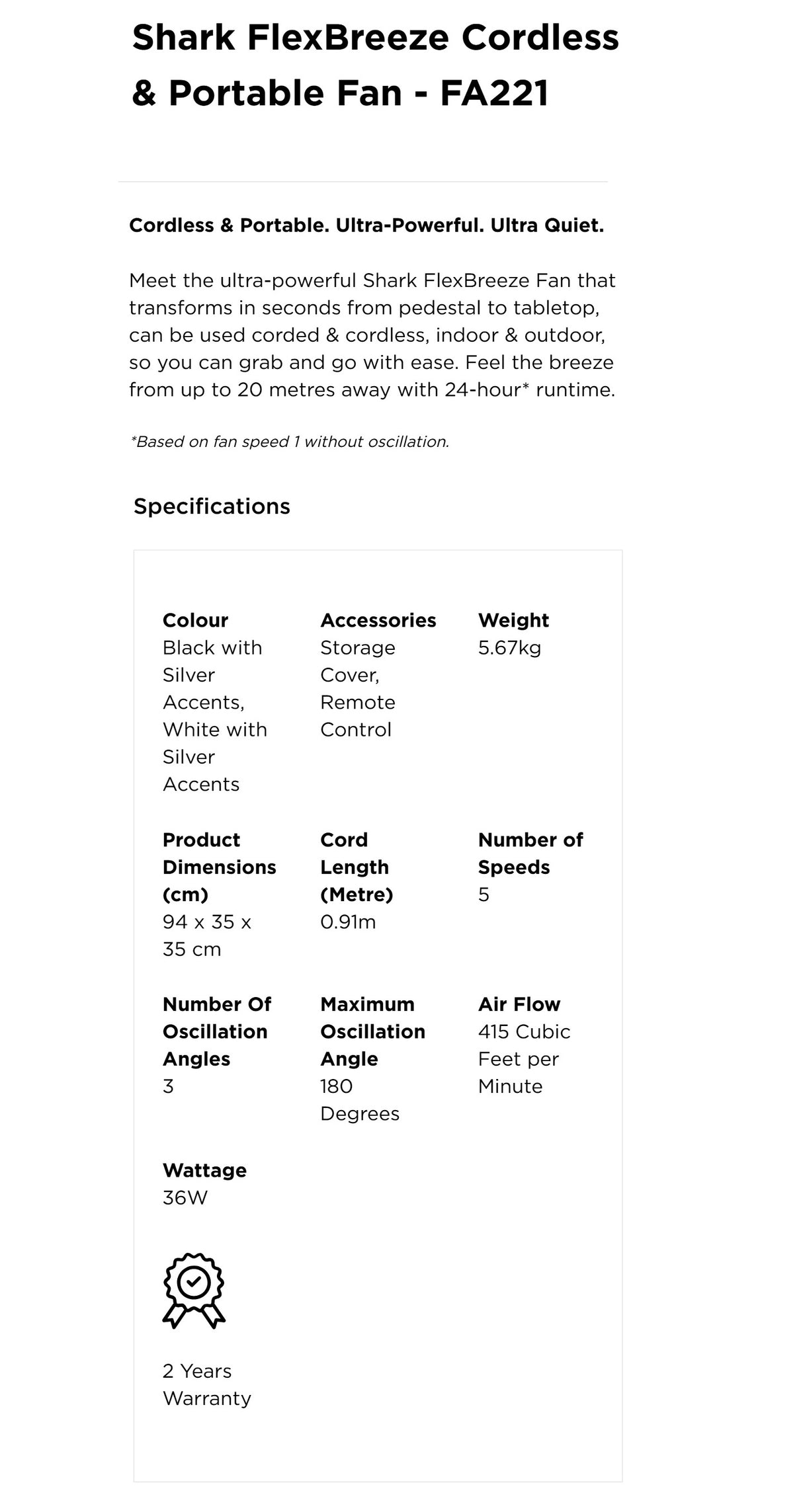 Shark FA221 FlexBreeze Cordless & Portable Fan