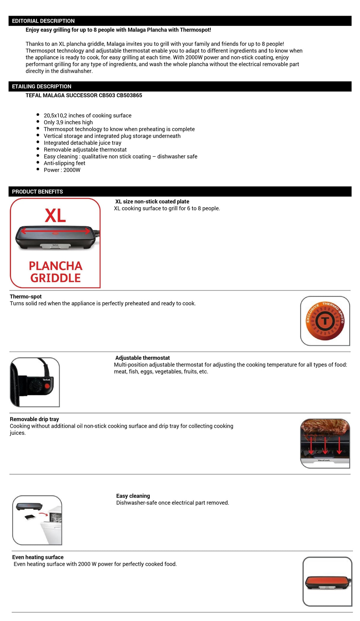 Tefal CB5038 Plancha Malaga Grill 2000W