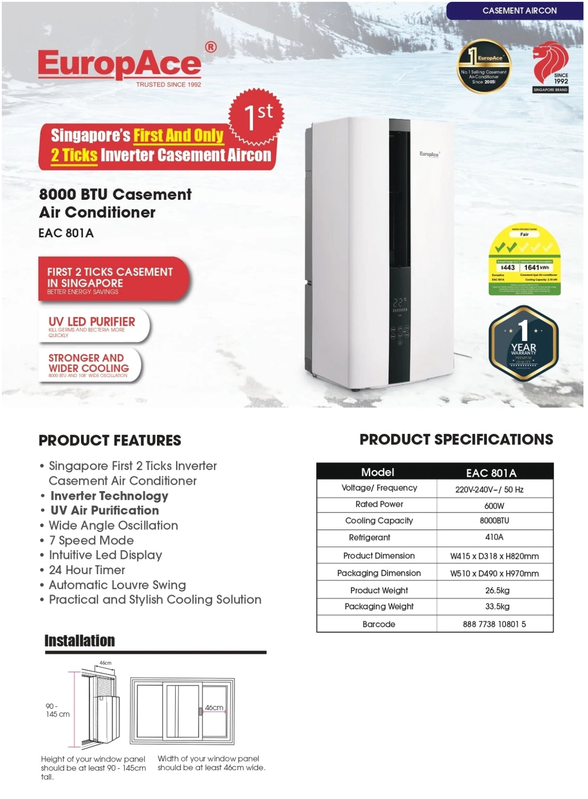 EuropAce EAC 801A | EAC801A Casement Conditioner - Singapore’s First 2 Ticks Inverter Casement Aircon 8000 BTU