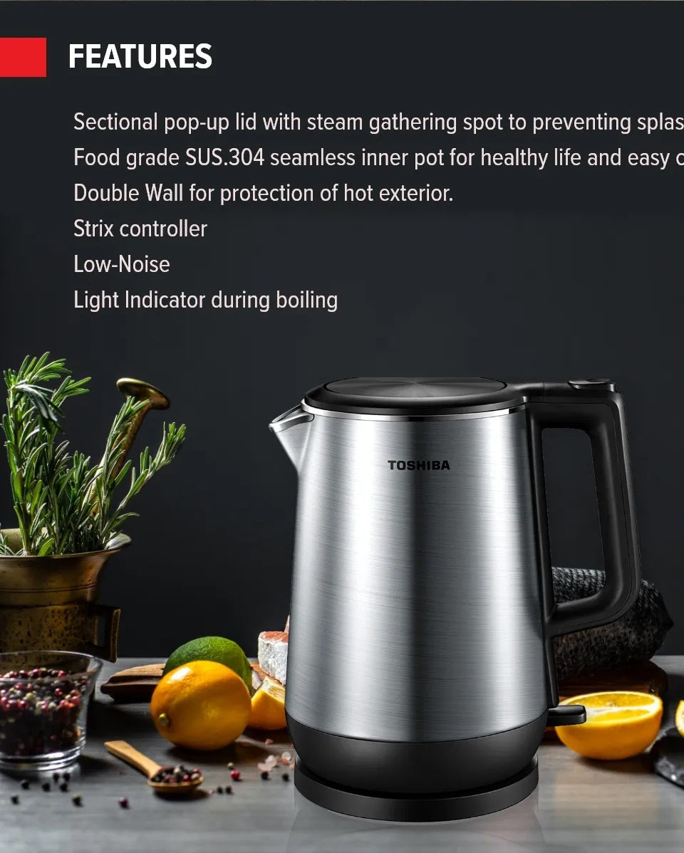 Toshiba KT-17DRRS Black Stainless Steel Double Wall Protection Fast Boiling Electric Jug Kettle 1.7L