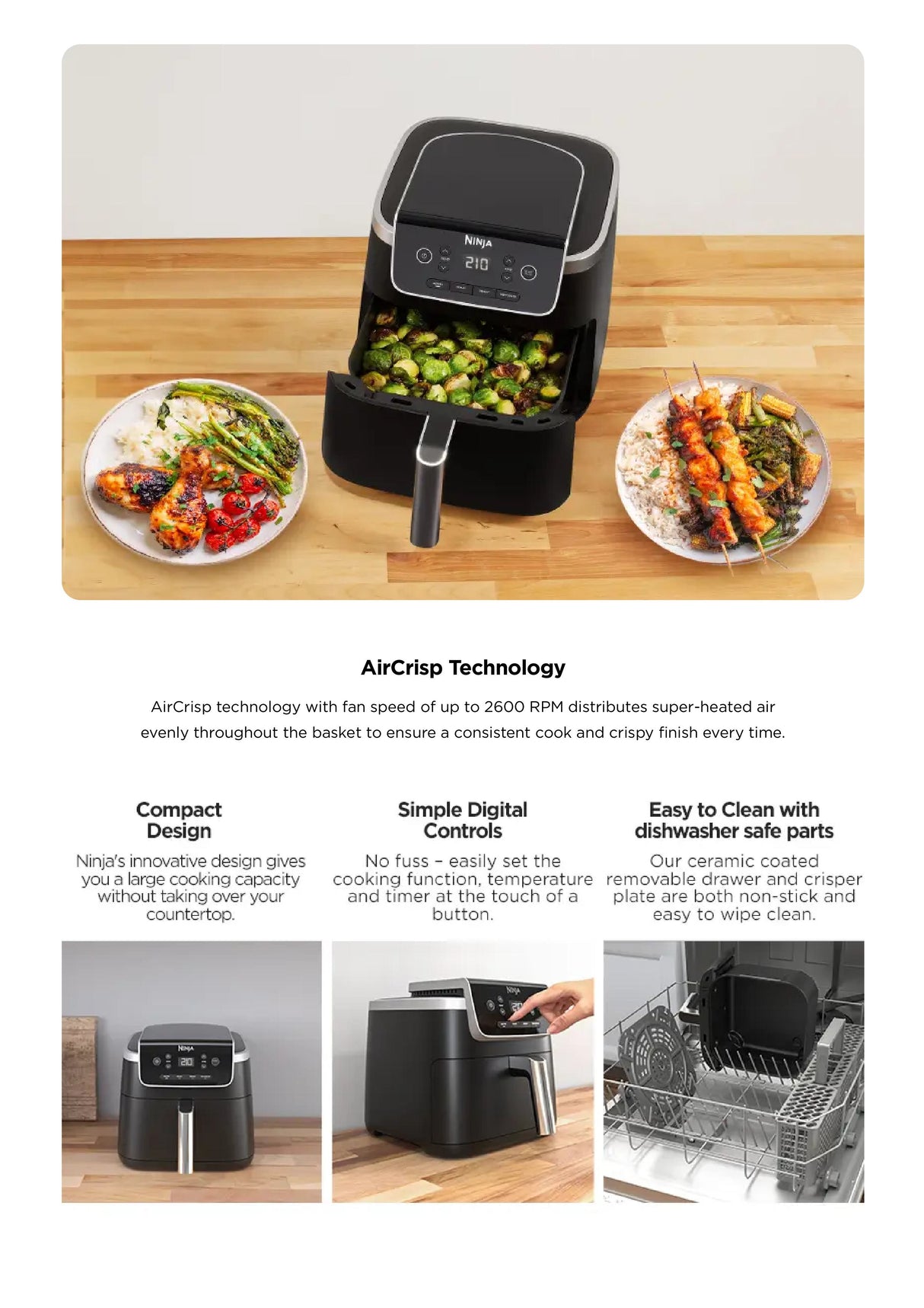 Ninja AF141 Air Fryer Pro 4.7L, AIRCRISP Technology, 4 programmable settings, Air Fry, Roast, Re-heat, Dehydrate