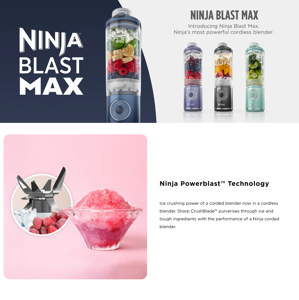 Ninja BC251SM | BC251 Blast Max Portable Blender, 650ml, Rechargeable, Crushes Ice, lightweight, BPA Free