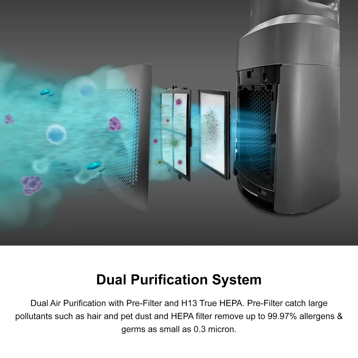 Europace EBFZ10GM Air Purifying Tower Bladess Fan, H13, 10 speed setting, 3 wind modes, 12H Timer, Remote Control, DC Motor, Real Time Air Quality Indicator