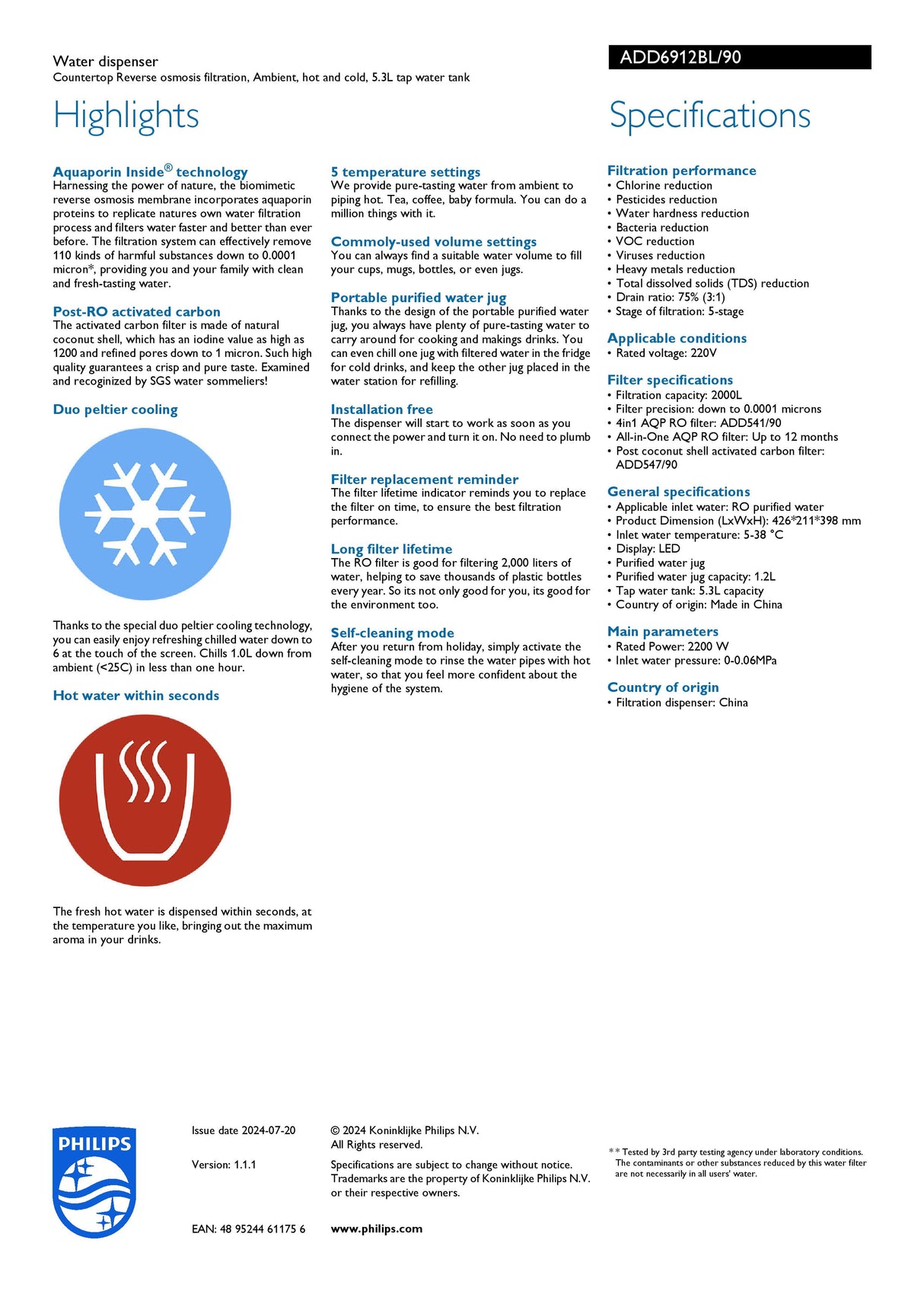 Philips ADD6912 BL/90 | ADD6912BL everse Omosis Purification RO Water Station, Hot + Cold Water Dispenser (No Installation) - Tap water tank: 5.3L capacity