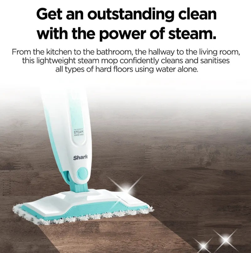 Shark S1000 Steam Mop 375ml, Floor cleaning mop with 2 Dirt Grip Pads, Lightweight, Safe for all Sealed Hard Floors like Tile, Hardwood, Stone, Laminate, Vinyl & More, Machine Washable Pads, Removable Water Tank, White/Seafoam