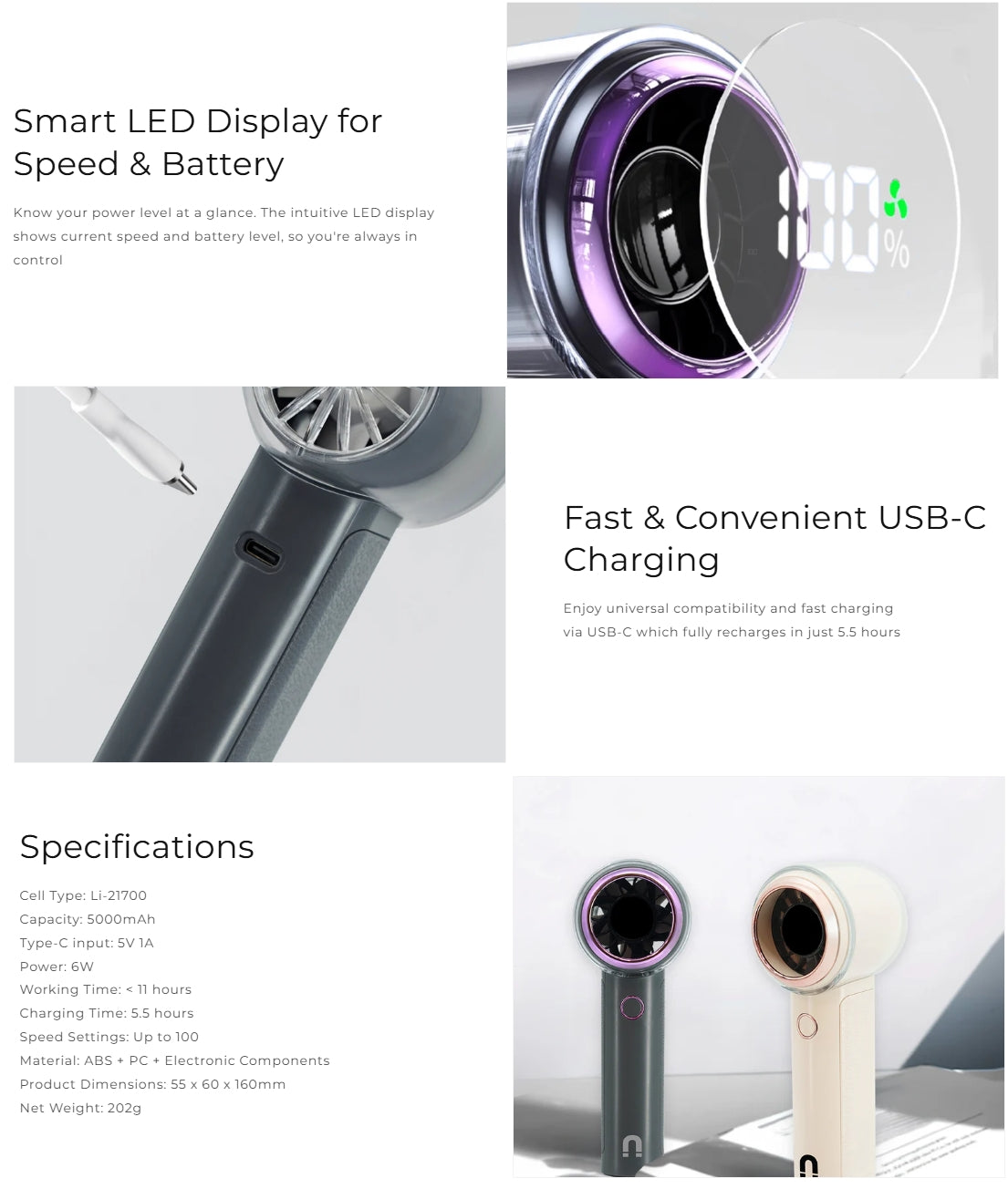 NNIO U-5 High Speed Portable Handheld Fan 6W with LED Diplay, Plastic Blade, 100 Speeds - 2 Colors Options Available