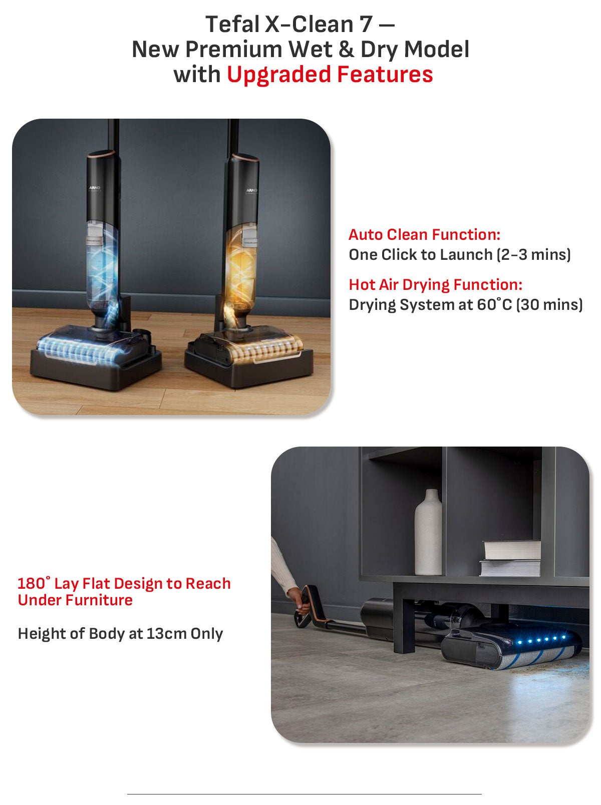 Tefal GF5736 X-Clean 7 Wet & Dry Handstick – 2-in-1 Vacuum & Wash, 180 Lay-Flat, Self-Clean + Hot Air Dry, Powerful 250W