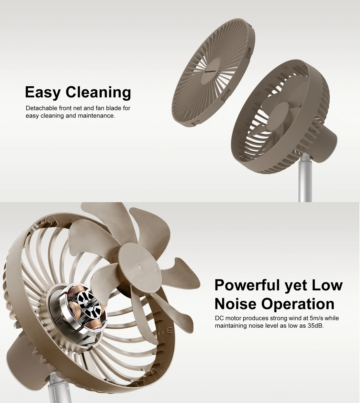Europace EUF3753D | EUF3753DBR | EUF3753DGY Rechargeable DC Fan with Adjustable Height 7 Inch